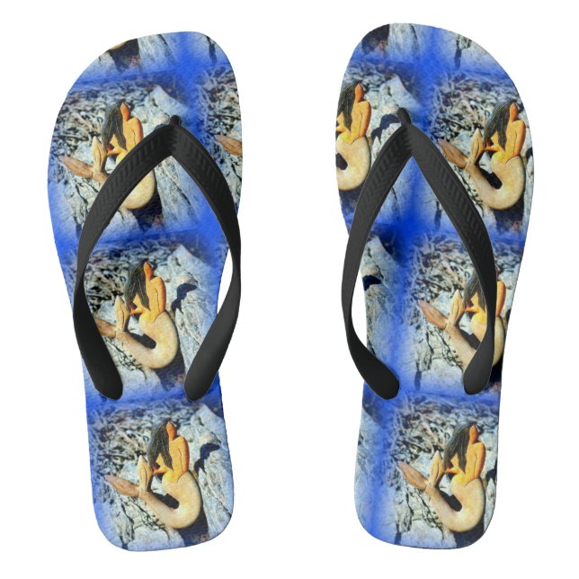 black-haired  mermaid beauties blue flip flops (Footbed)
