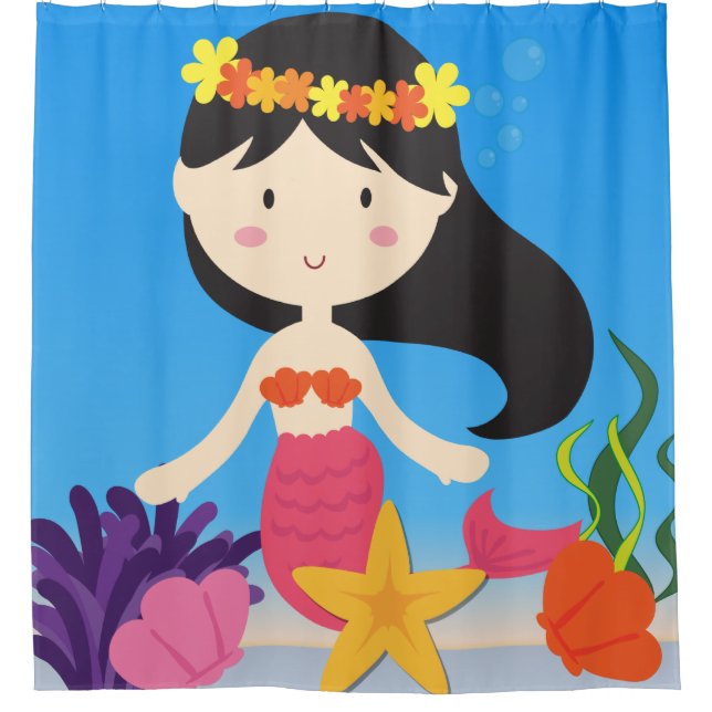 Black Haired Mermaid in the Under Sea Ocean Shower Curtain (Front)