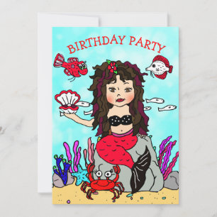 Black Haired Mermaid Under the Sea Birthday Party Invitation