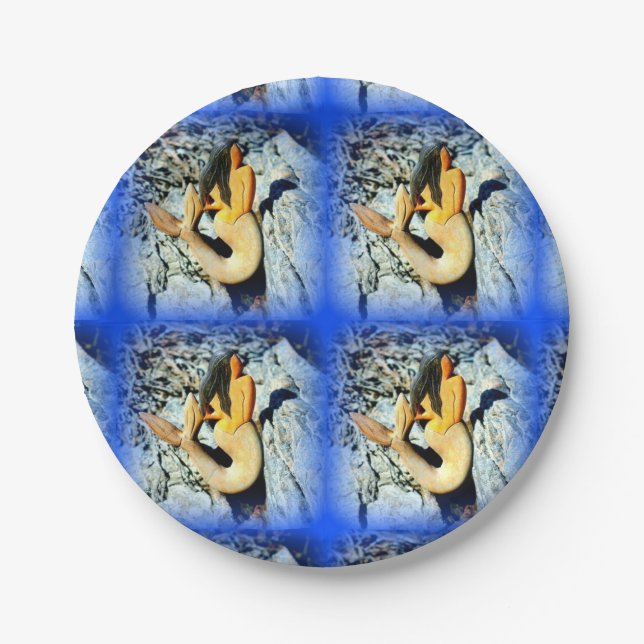 black-haired mermaids blue paper plate (Front)