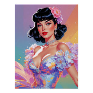 Black-Haired Pin-Up with Bangs Floral Elegance Poster
