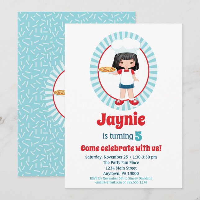 Black Haired Pizza Party Girls Birthday Invitation (Front/Back)