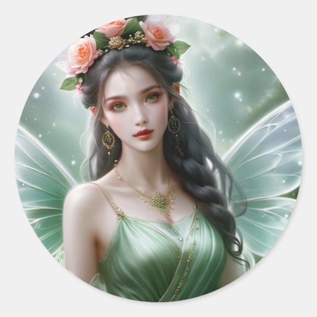 Black Haired Spring Fairy Magical Fantasy Classic Round Sticker (Front)