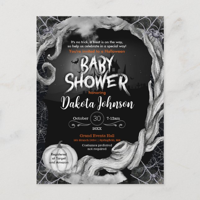 Black Halloween Baby Shower Invitation w/ Registry (Front)