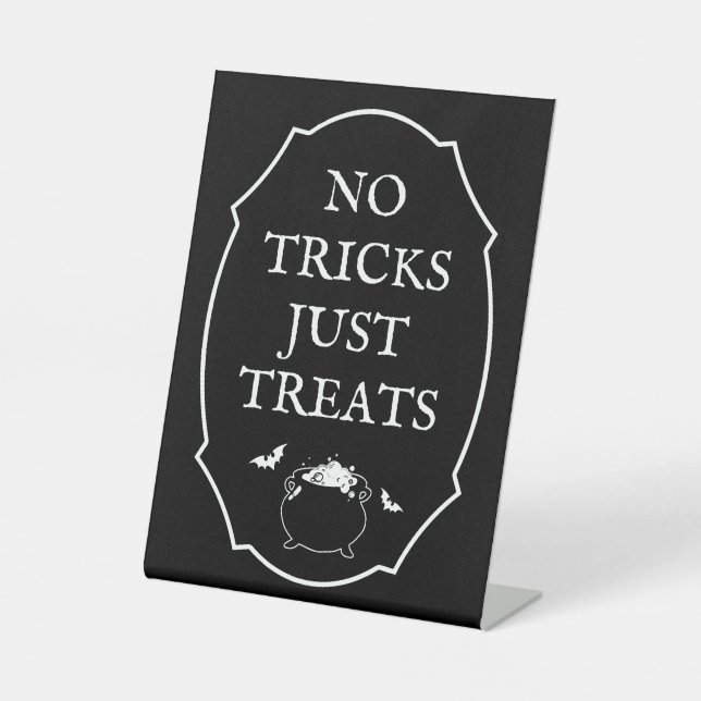 Black Halloween Baby Shower No Tricks Just Treats Pedestal Sign (Front)