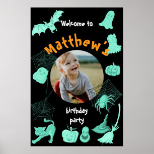 Black Halloween Birthday party welcome poster