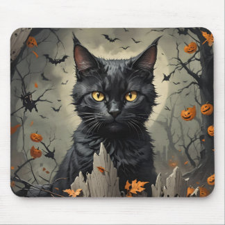Black Halloween Cat Mouse Mat