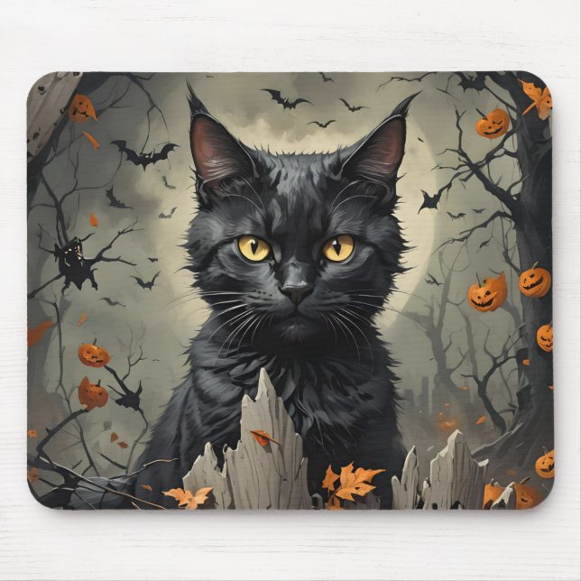 Black Halloween Cat Mouse Mat (Front)