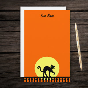 Black Halloween Cat on Fence Yellow Moon Orange Stationery