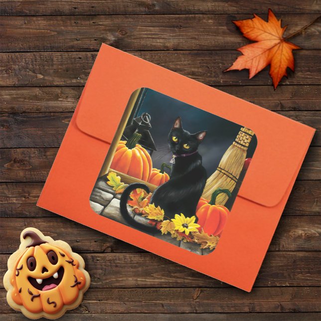 Black Halloween Cat Square Sticker (Creator Uploaded)
