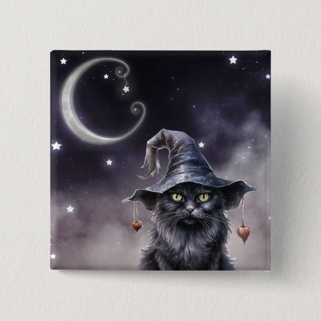 Black Halloween Cat Wearing a Witch Hat  15 Cm Square Badge (Front)