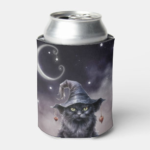 Black Halloween Cat Wearing a Witch Hat  Can Cooler