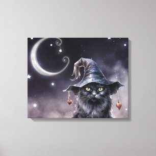 Black Halloween Cat Wearing a Witch Hat Canvas Print