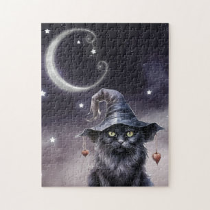 Black Halloween Cat Wearing a Witch Hat Jigsaw Puzzle