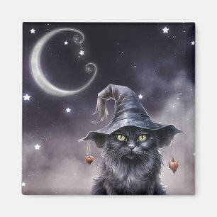 Black Halloween Cat Wearing a Witch Hat  Magnet