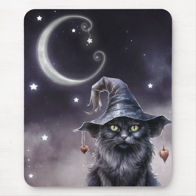 Black Halloween Cat Wearing a Witch Hat  Mouse Mat (Front)