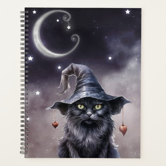 Black Halloween Cat Wearing a Witch Hat  Planner (Front)