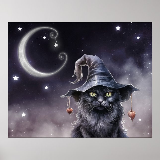 Black Halloween Cat Wearing a Witch Hat  Poster (Front)