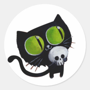Black Halloween Cat with Skull Classic Round Sticker
