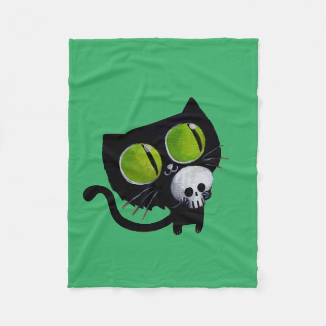 Black Halloween Cat with Skull Fleece Blanket (Front)