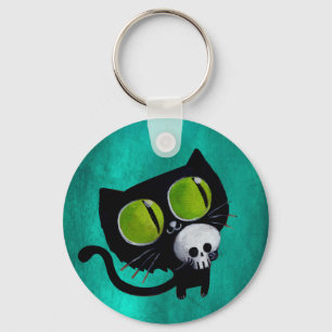 Black Halloween Cat with Skull Key Ring
