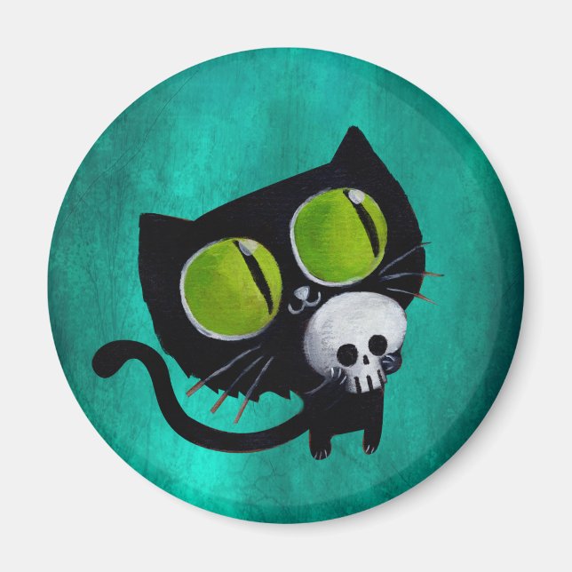 Black Halloween Cat with Skull Magnet (Front)