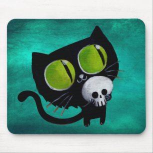 Black Halloween Cat with Skull Mouse Mat