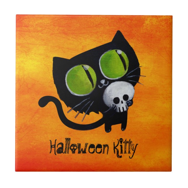 Black Halloween Cat with Skull Tile (Front)