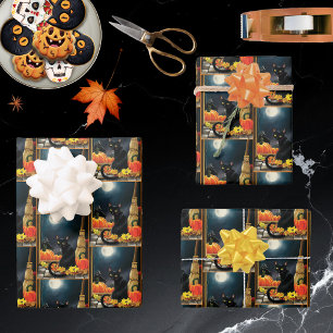 Black Halloween Cat Wrapping Paper Sheet