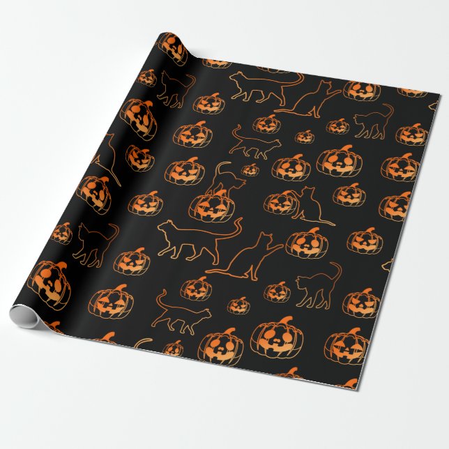 Black Halloween Cats and Jack-o-Lantern Pattern Wrapping Paper (Unrolled)