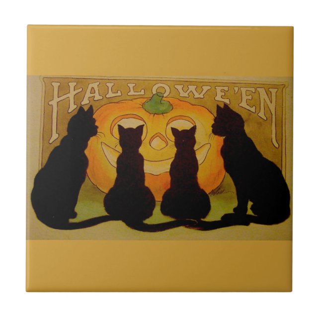 Black Halloween cats and Pumpkin Tile (Front)