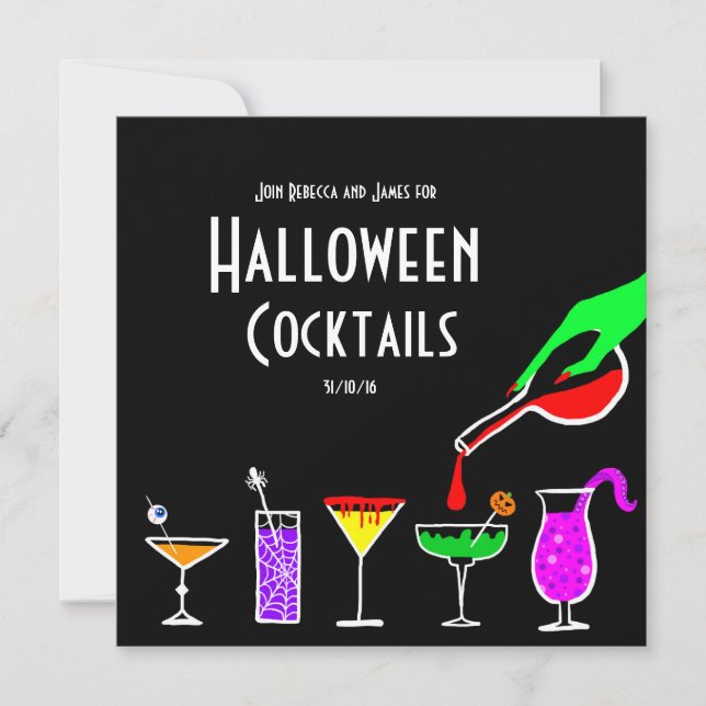 Black Halloween cocktails drinks party invitation (Front)