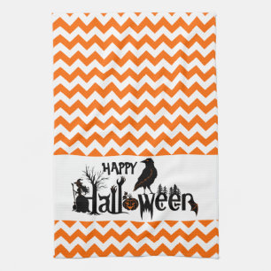 Black Halloween Crow Illustration Orang Chevron Tea Towel