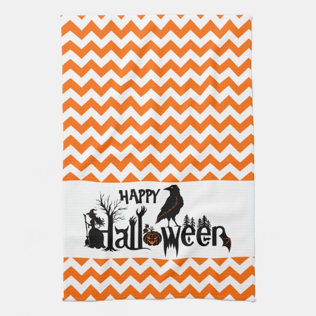 Black Halloween Crow Illustration Orang Chevron Tea Towel (Vertical)
