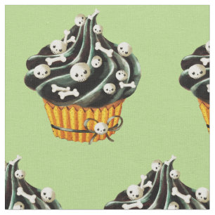 Black Halloween Cupcake with tiny skulls Fabric