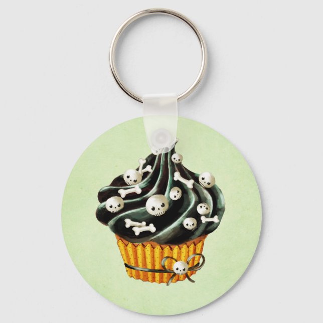 Black Halloween Cupcake with tiny skulls Key Ring (Front)
