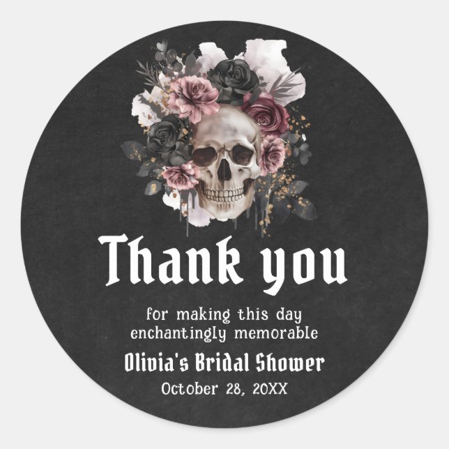 Black Halloween Floral Skull Bridal Shower Classic Round Sticker (Front)