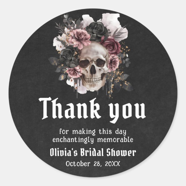 Black Halloween Floral Skull Bridal Shower Classic Round Sticker (Front)