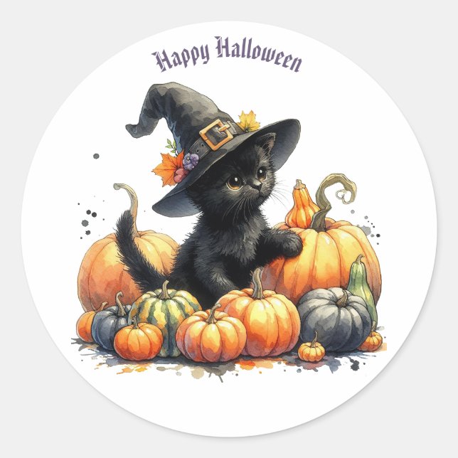 Black Halloween Kitten With Pumpkins & Witch's Hat Classic Round Sticker (Front)