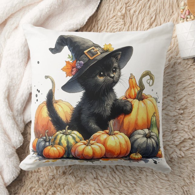 Black Halloween Kitten With Pumpkins & Witch's Hat Cushion (Blanket)