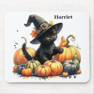 Black Halloween Kitten With Pumpkins & Witch's Hat Mouse Mat
