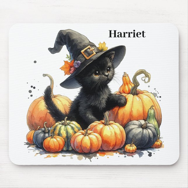 Black Halloween Kitten With Pumpkins & Witch's Hat Mouse Mat (Front)