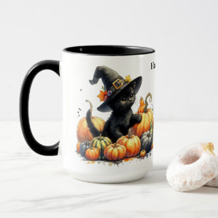 Black Halloween Kitten With Pumpkins & Witch's Hat Mug