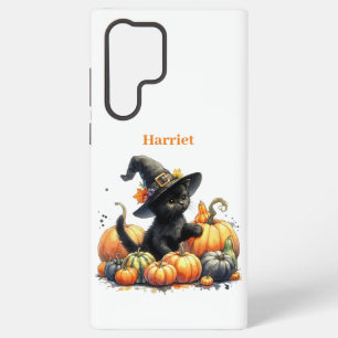 Black Halloween Kitten With Pumpkins & Witch's Hat Samsung Galaxy Case