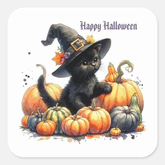 Black Halloween Kitten With Pumpkins & Witch's Hat Square Sticker (Front)