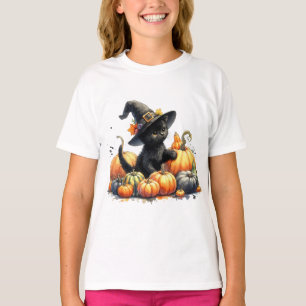 Black Halloween Kitten With Pumpkins & Witch's Hat T-Shirt