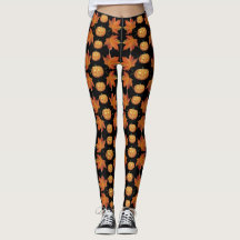 Black Halloween Leggings with Pumpkin & Leaves