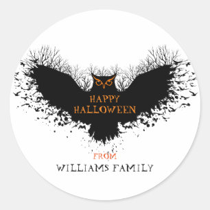Black Halloween Owl Illustration Classic Round Sticker