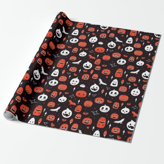 Black Halloween Pattern with pumpkins and ghosts Wrapping Paper (Unrolled)