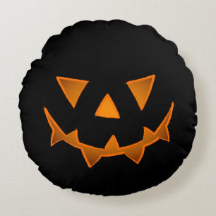 Black Halloween Pumpkin Face With Glowing Eyes Round Cushion